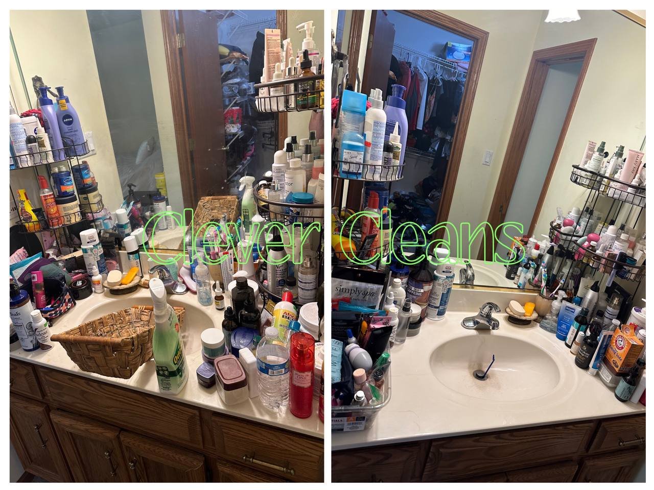 Photo of bathroom sink cleaning with organized toiletries and clean countertop