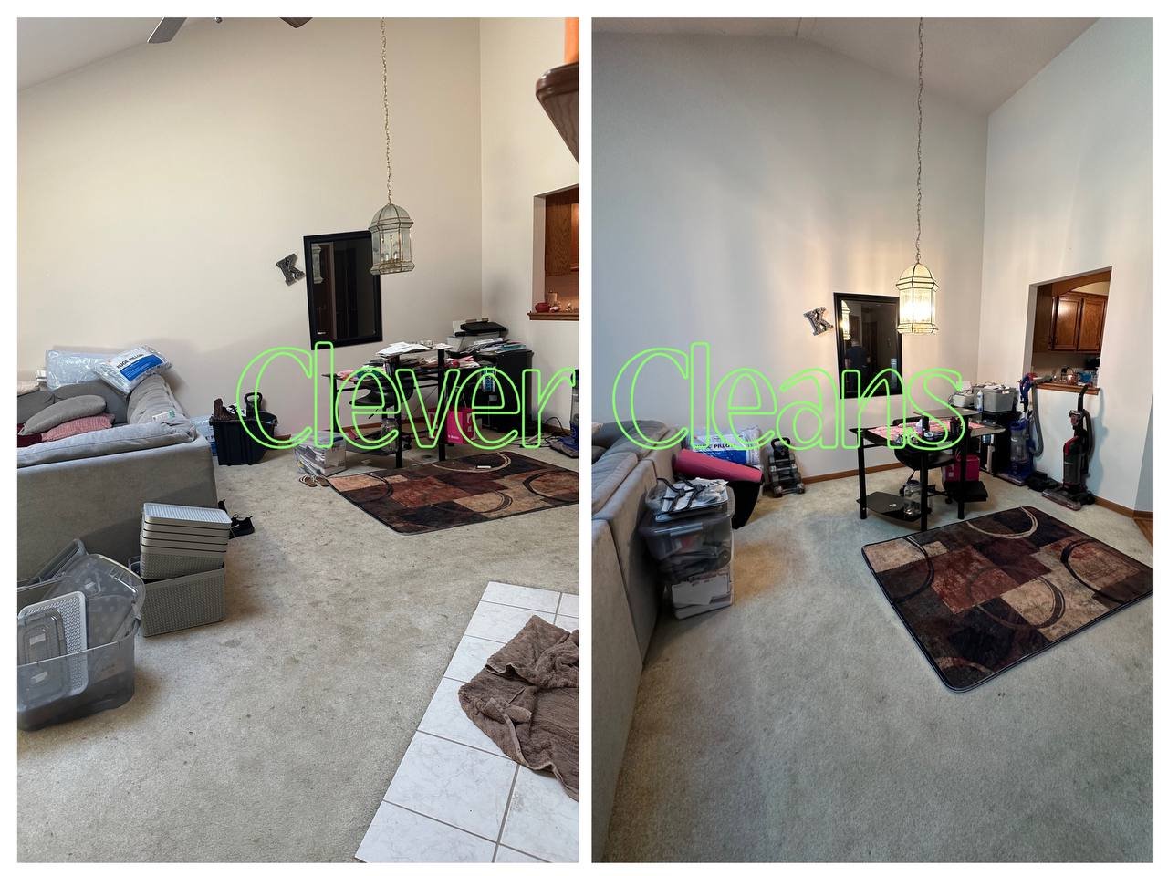 Photo of living room cleaning with organized furniture and clean carpet