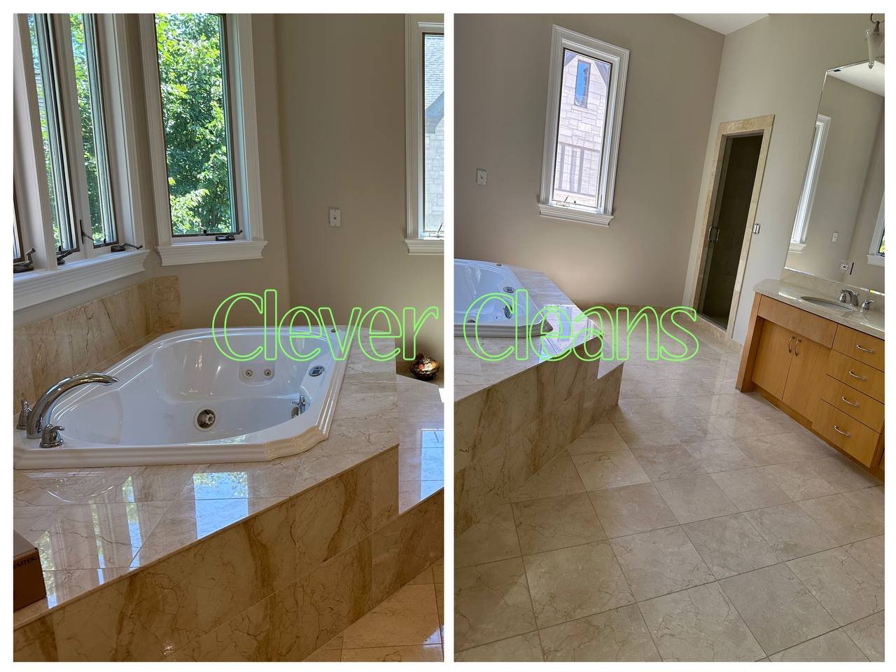 Photo of bathroom with clean bathtub and polished marble floors