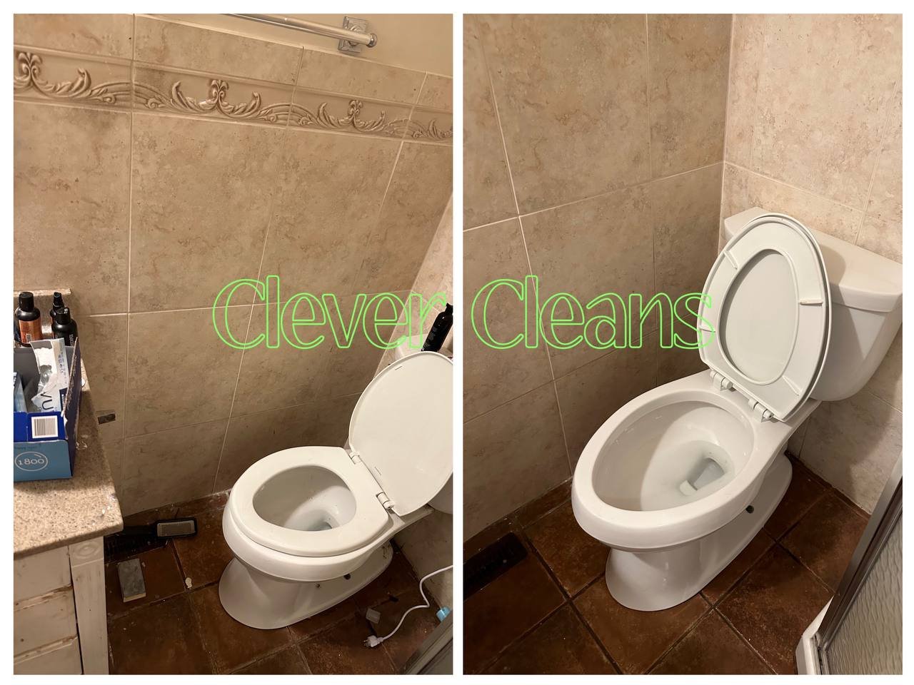 Photo of bathroom cleaning with freshly cleaned toilet and tidy surfaces