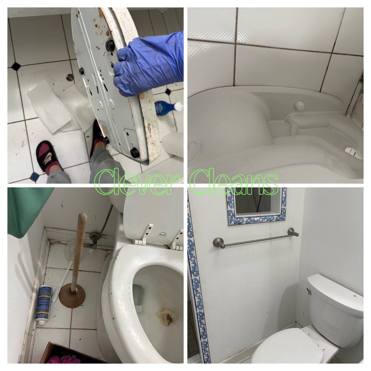 Photo of bathroom cleaning with detailed toilet scrubbing and sanitation