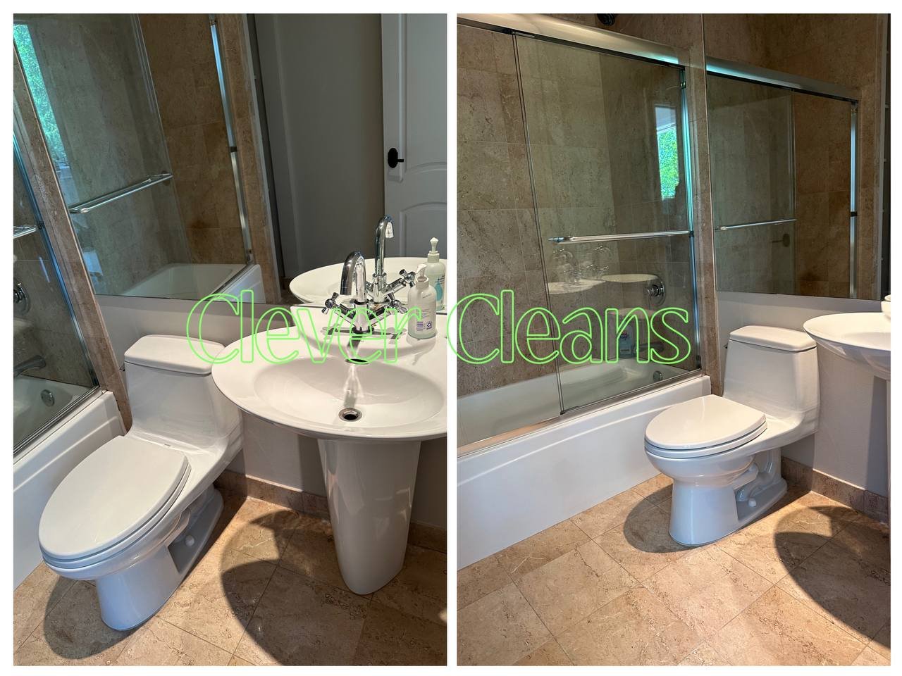 Photo of bathroom cleaning service with spotless toilet, sink, and shower