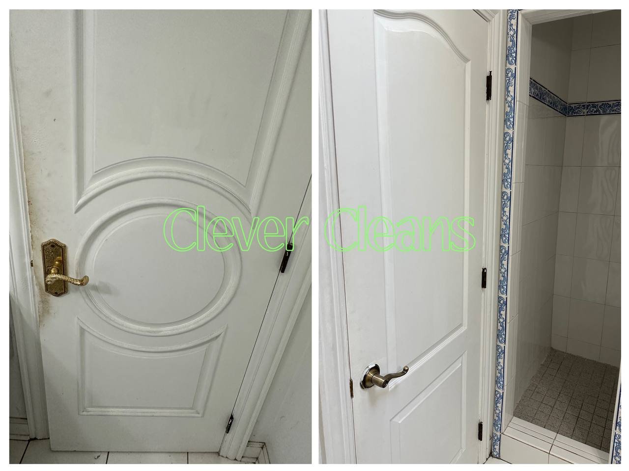 Photo of bathroom door cleaning service with spotless door and clean shower