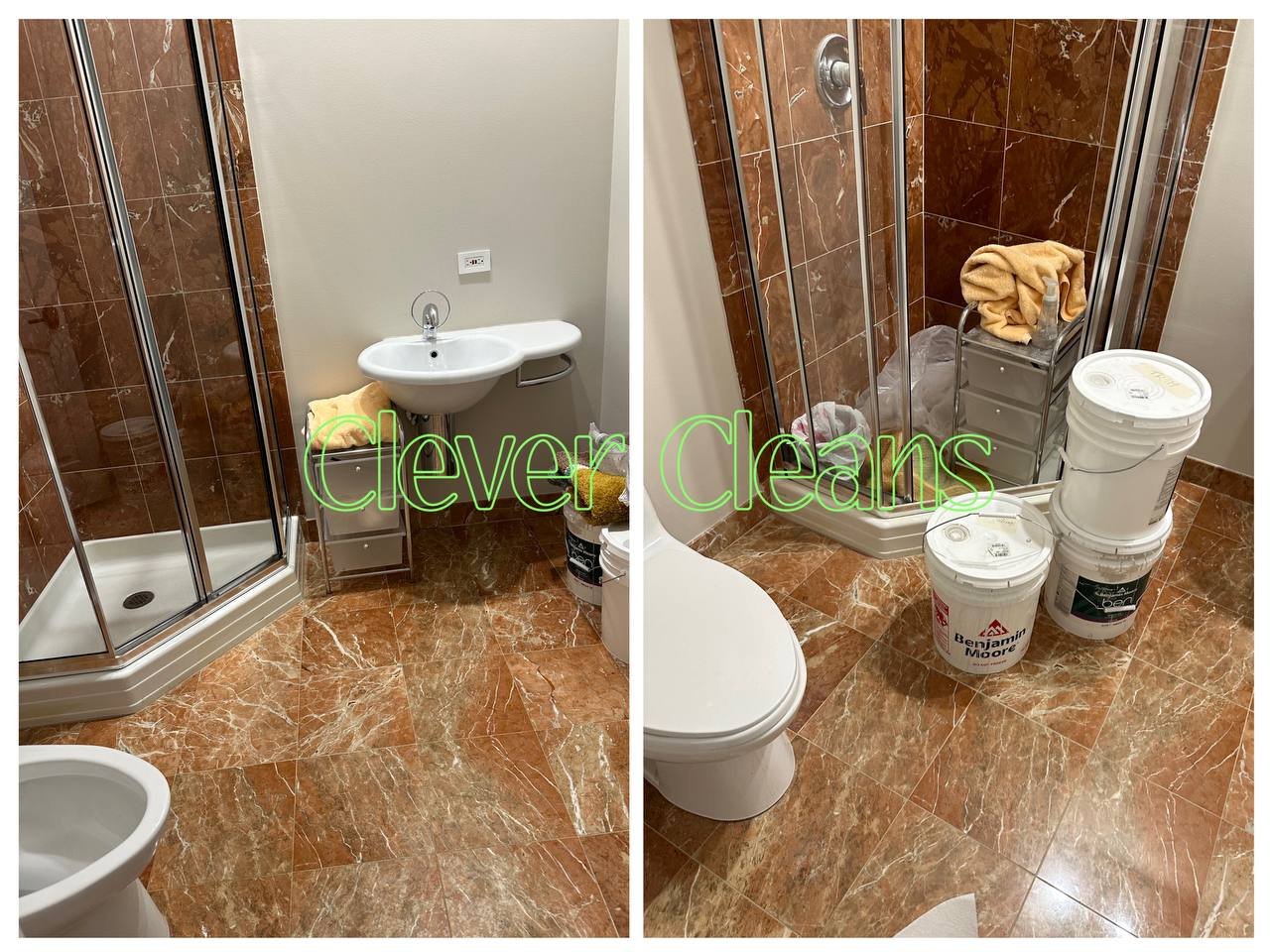 Photo of bathroom cleaning service with clean shower and marble floor