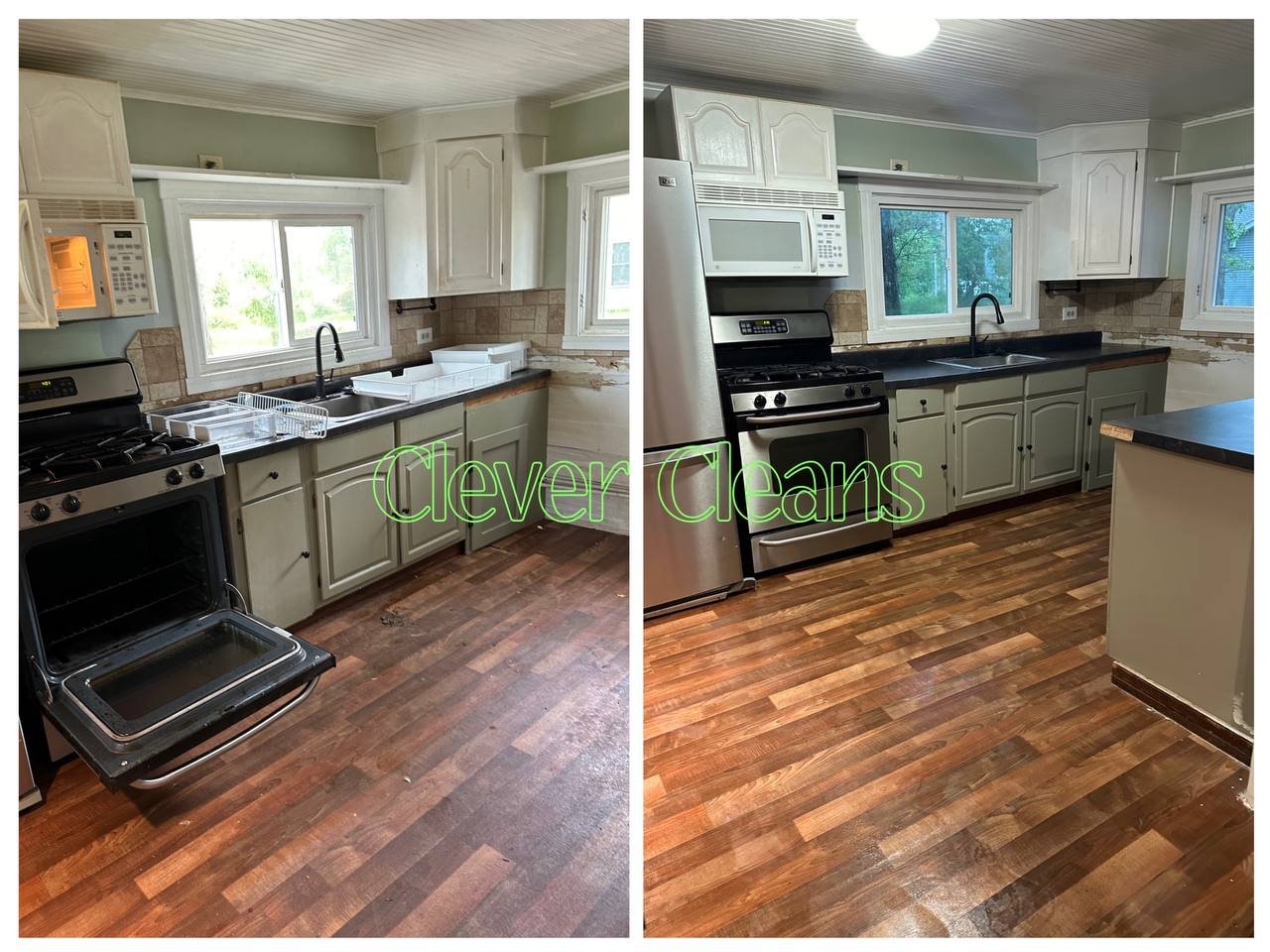 Before and after kitchen cleaning showing organized appliances and clean countertops.