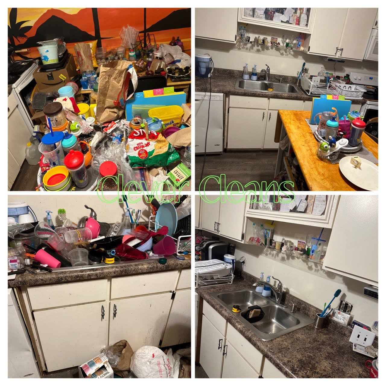 Before and after kitchen cleaning showing cluttered countertops and organized space.