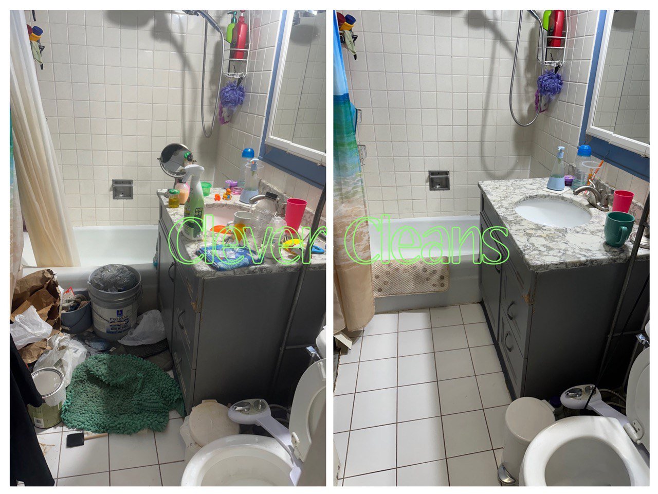 Before and after cleaning service showing messy bathroom transformed into a tidy space.