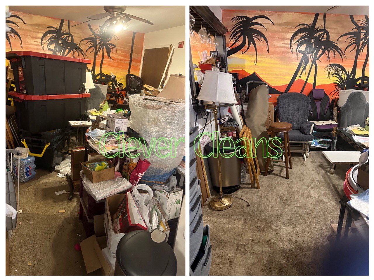 Before and after cleaning service showing cluttered space transformed into organized area.