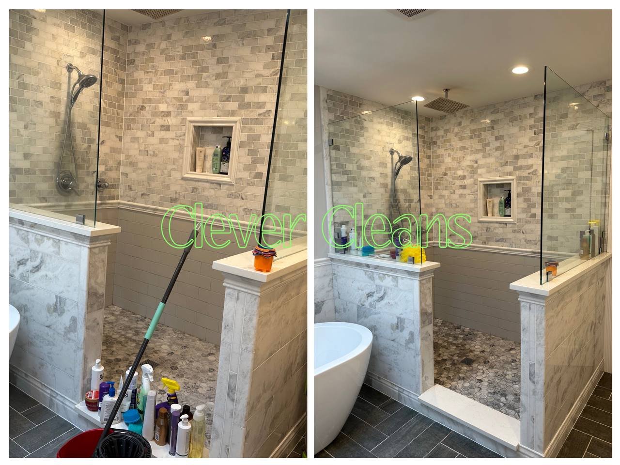 Photo of shower cleaning service with spotless tiles and organized bathroom