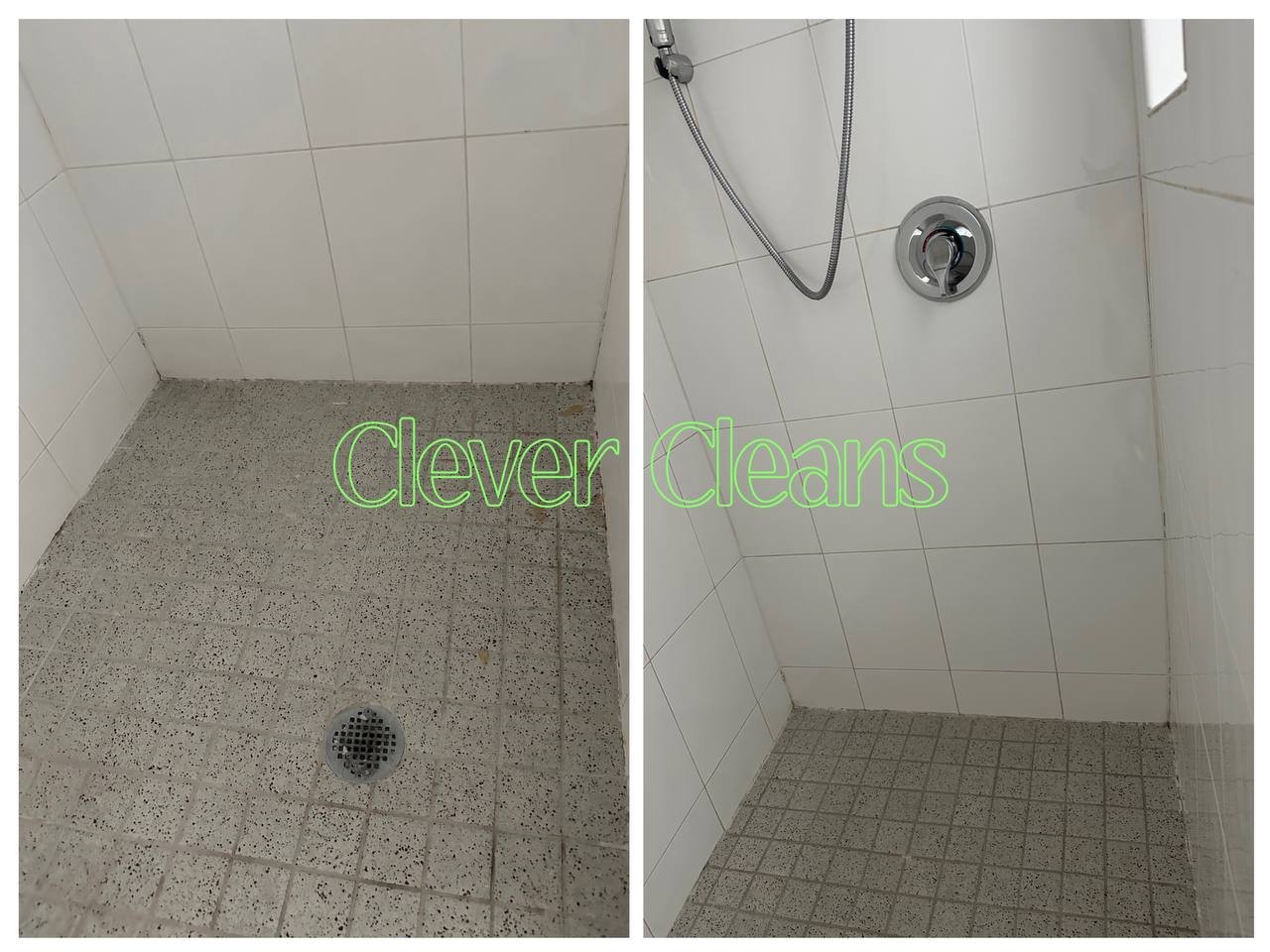 Photo of shower cleaning service with spotless tiles and clean floor