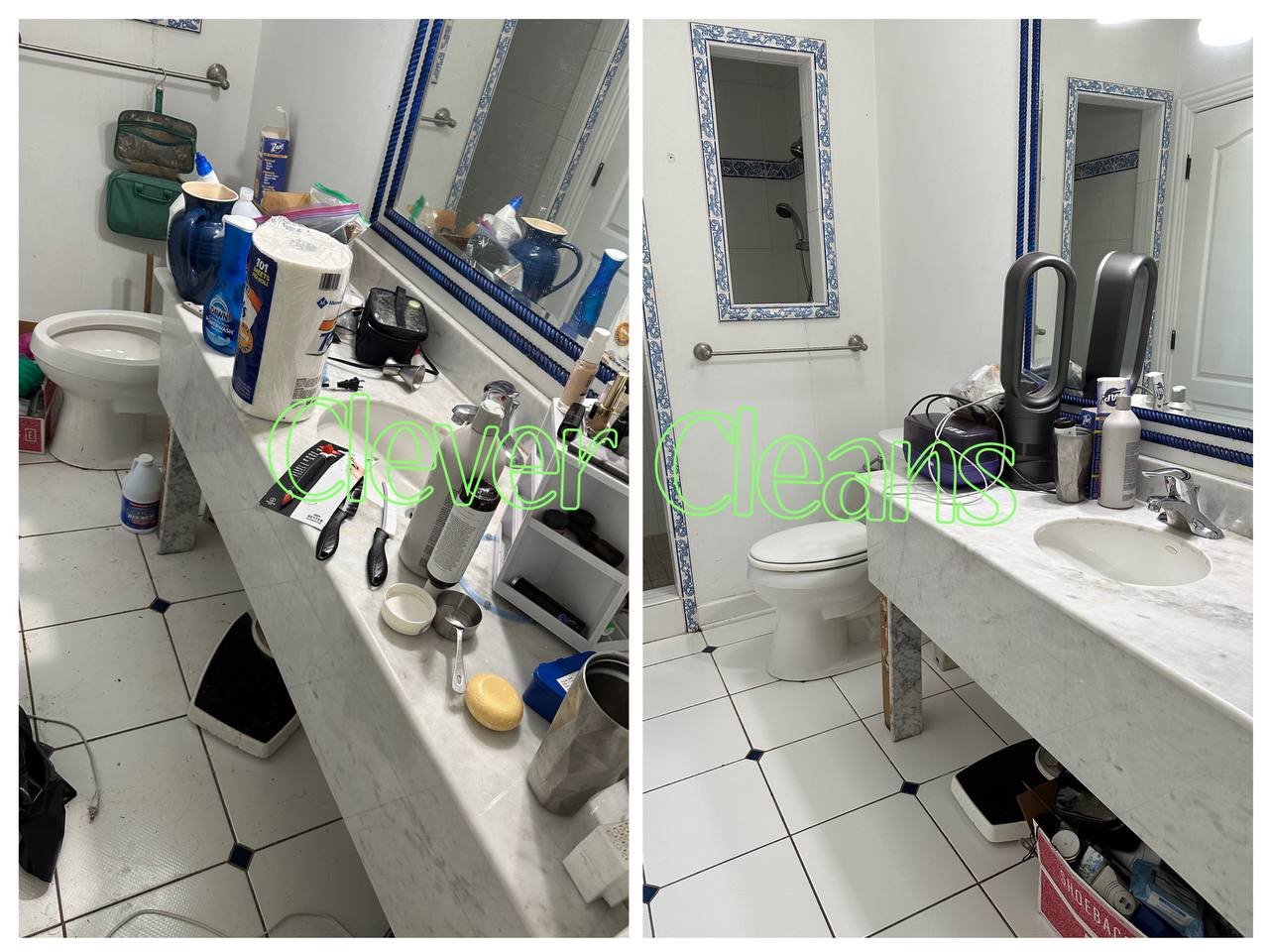 Photo of bathroom cleaning service with organized countertops and clean floors