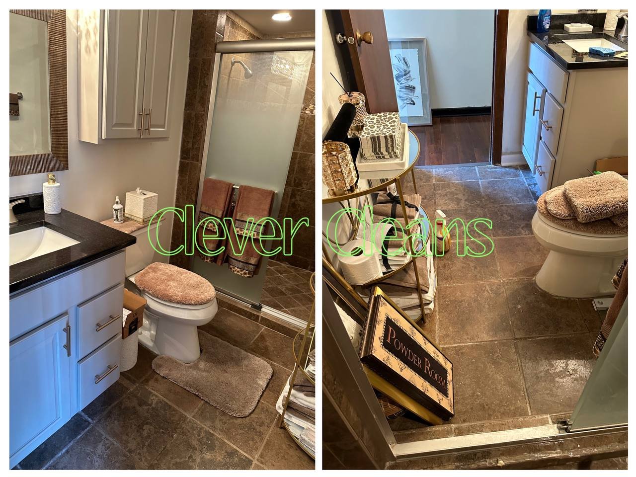 Photo of bathroom cleaning with fresh towels and clean floors