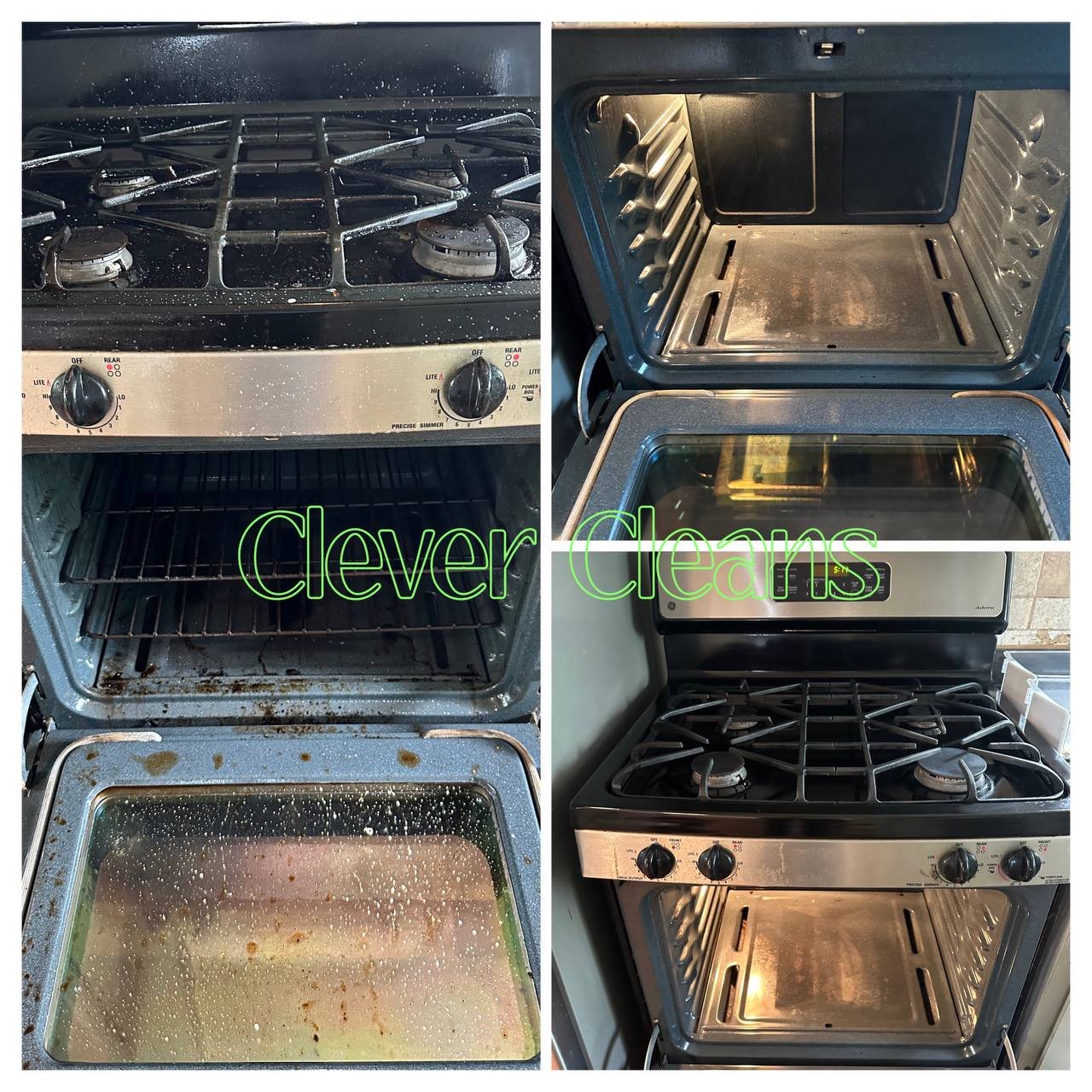 Before and after oven cleaning showing dirty and clean surfaces in the kitchen.