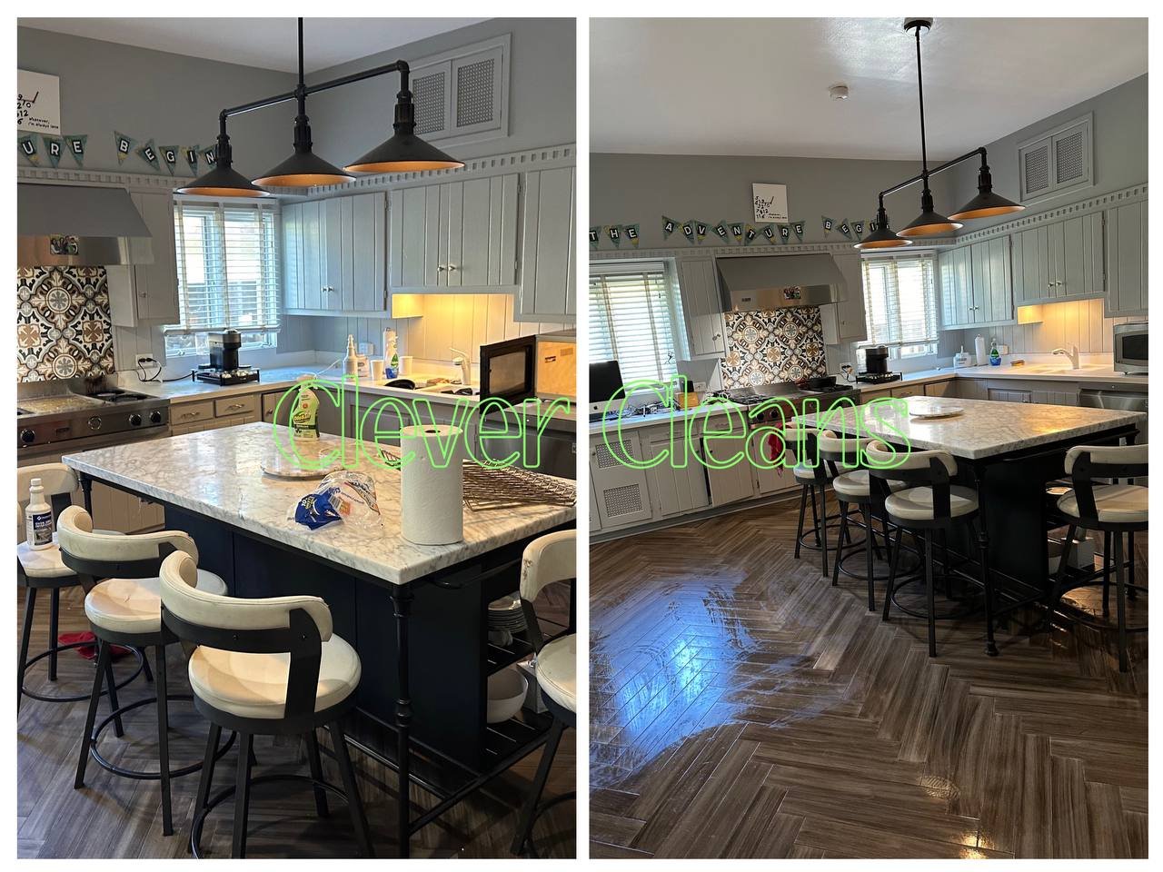 Photo of kitchen transformation with organized space and clean surfaces after tidying.