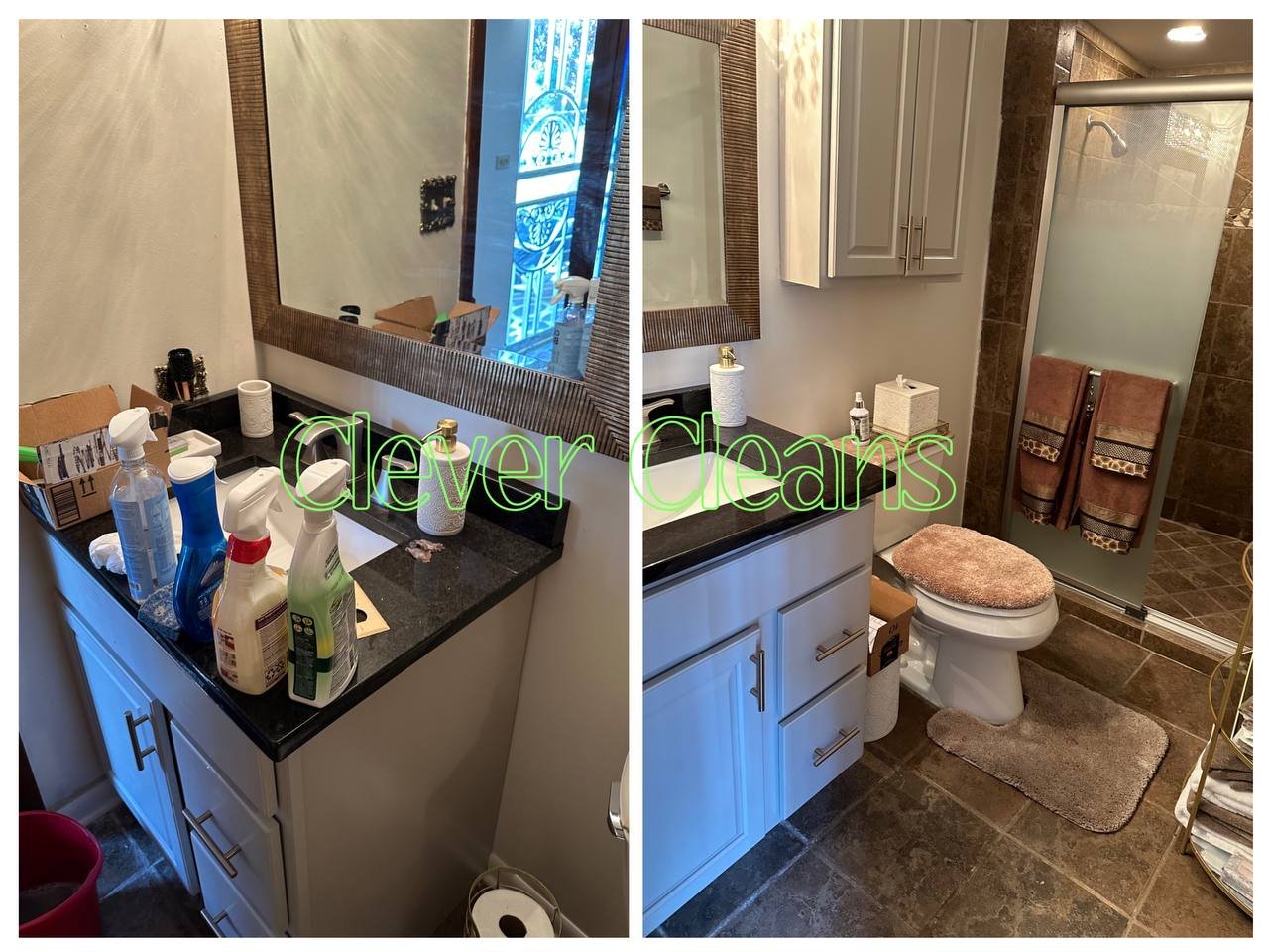 Photo of bathroom cleaning service with organized vanity and tidy shower area.