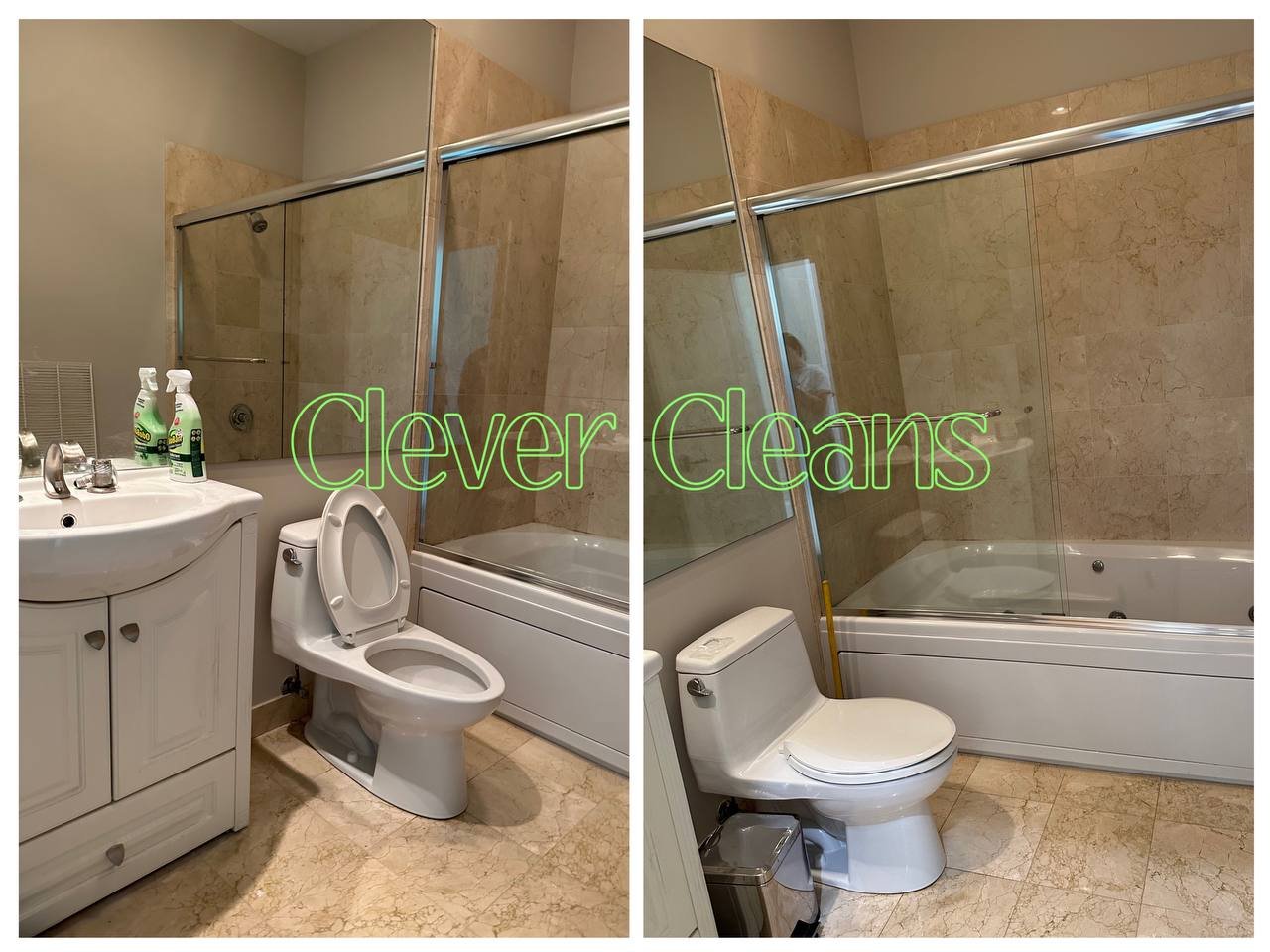 Photo of a bathroom before and after cleaning by Clever Cleans in Chicago