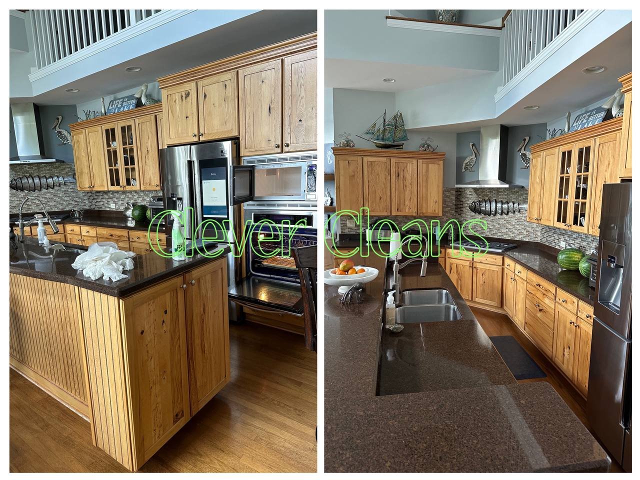 Photo of kitchen cleaning service with polished countertops and organized cabinets