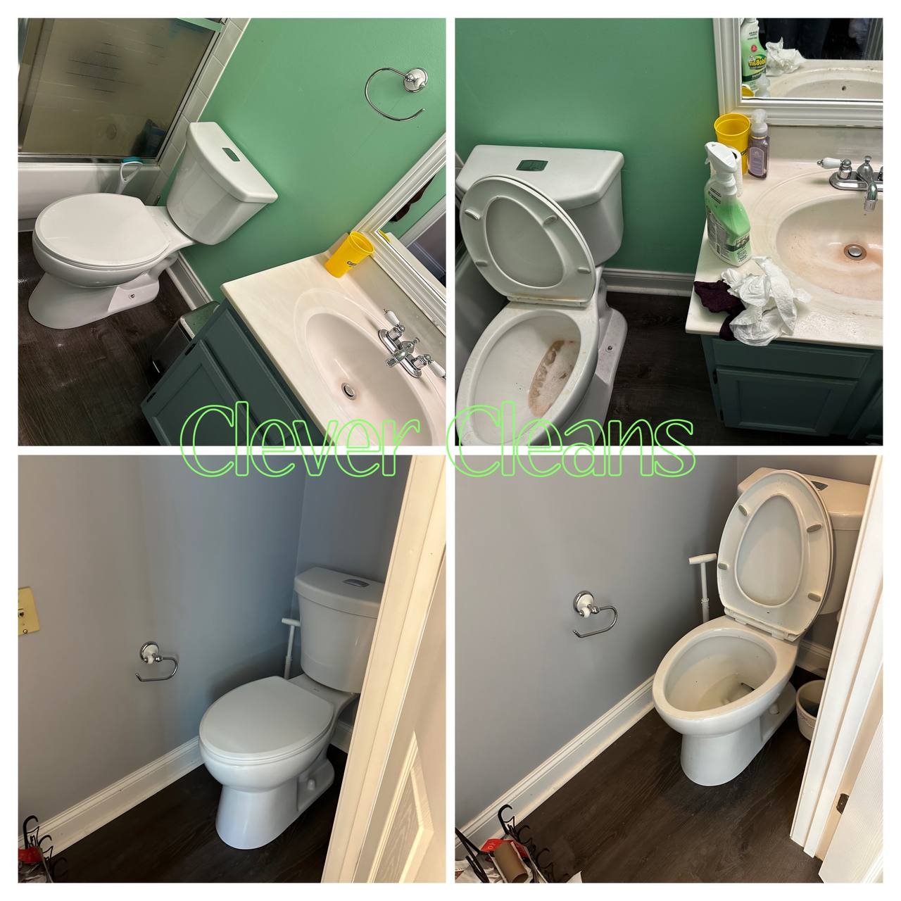 Photo of bathroom transformation showing organized toilet and clean sink area after cleaning.